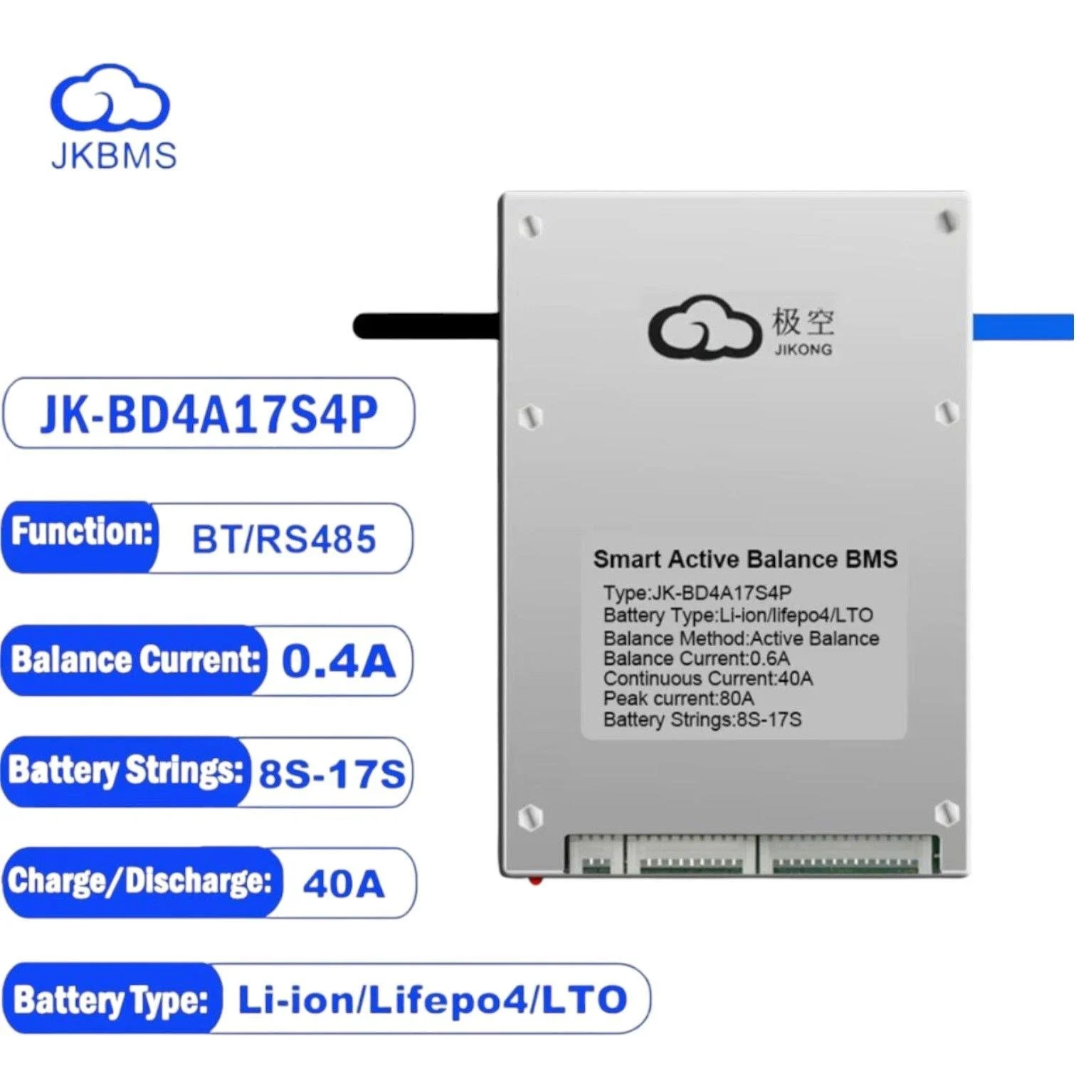 JK Smart BMS 8S-17S 40A Deşarj - 400mA Aktif Balans - Bluetooth - Lion - LiFePO4 - LTO ( JK-BD4A17S4P )